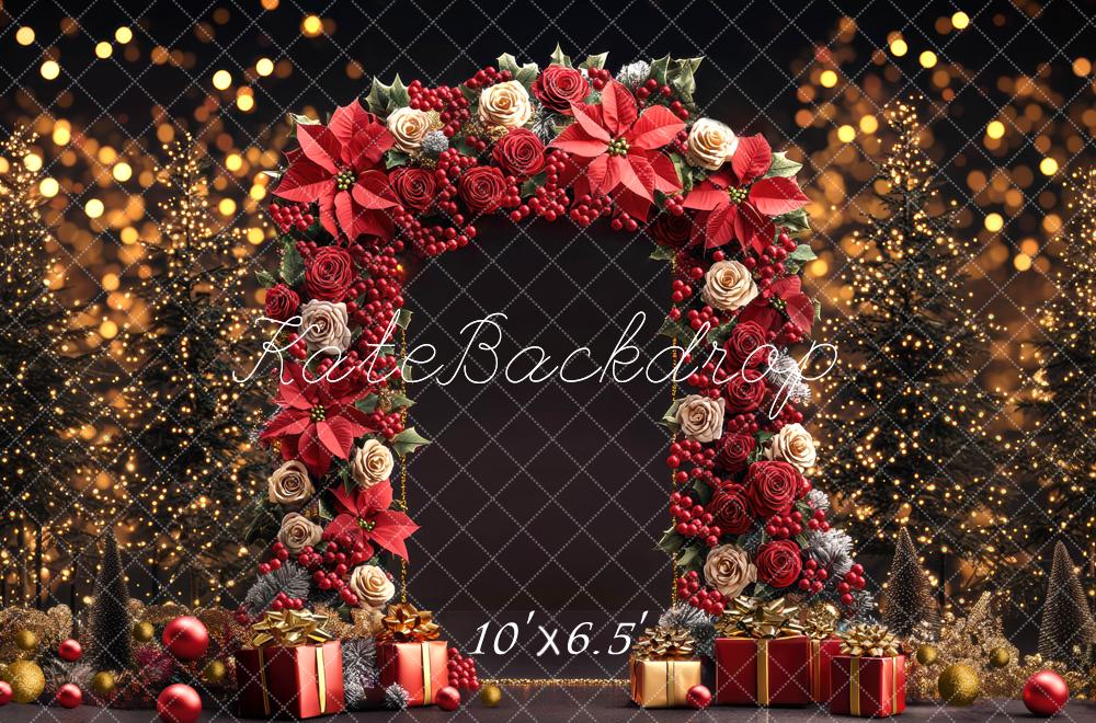 Kate Weihnachten Blumenbogen Geschenke Lichter Hintergrund Entworfen von Mini MakeBelieve - Kate Backdrop.de