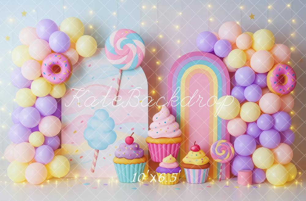 Kate Geburtstag Luftballons Donuts Cupcakes Pastell Hintergrund Entworfen von Patty Roberts - Kate Backdrop.de