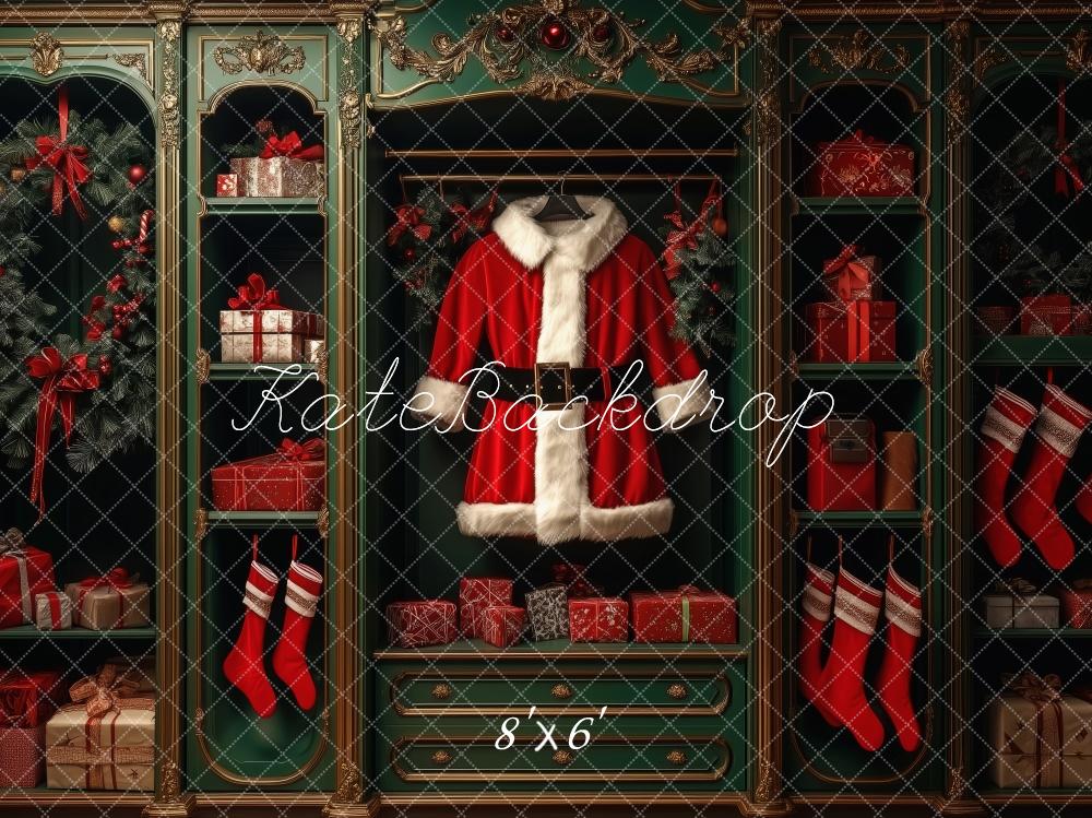 Kate Weihnachten Santa Kostüm Geschenke Regal Hintergrund Entworfen von Patty Roberts - Kate Backdrop.de