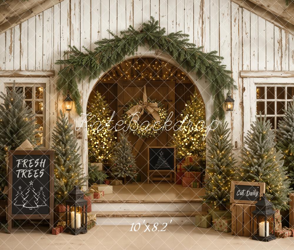 Kate Weihnachten Haus Tannenbäume Vintage Fleece Hintergrund Entworfen von Emetselch - Kate Backdrop.de