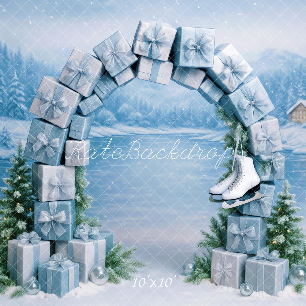 Kate Winter Geschenkboxen Bogen Blau Hintergrund Entworfen von Patty Roberts - Kate Backdrop.de