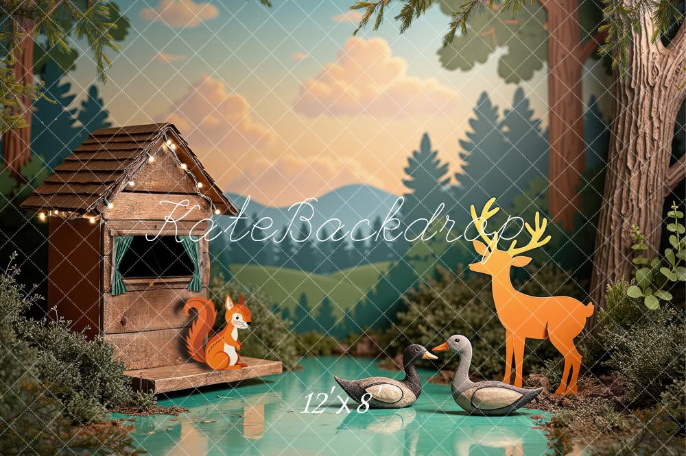 Kate Wald Holzhaus Tiere Illustrativ Hintergrund Entworfen von Laura Bybee