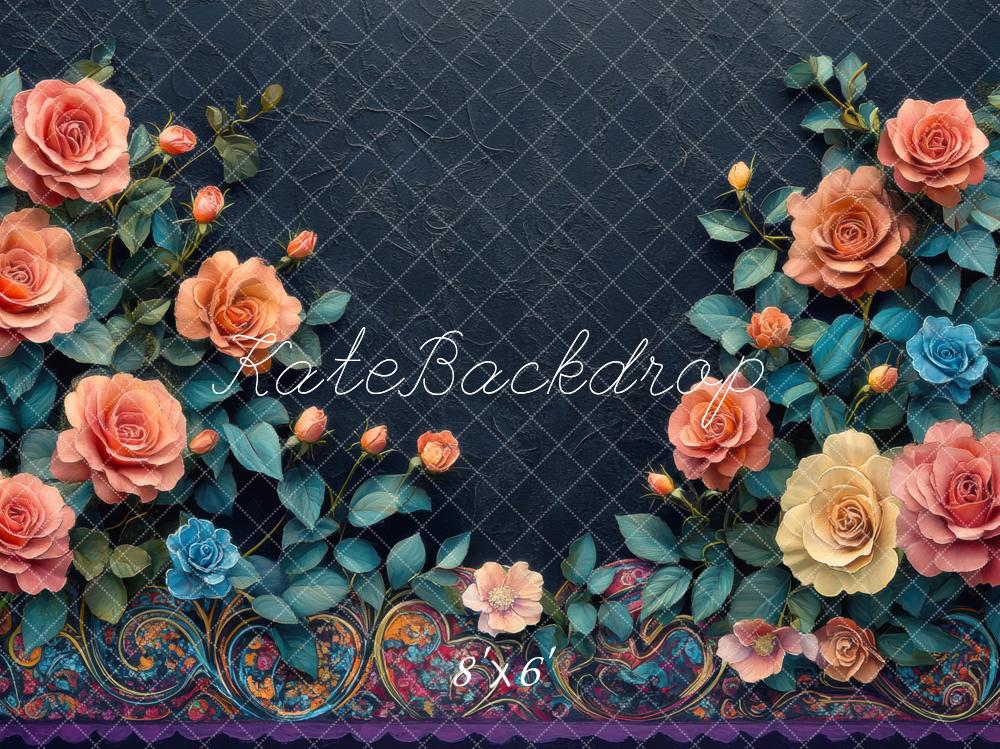 Kate Blumen Rosen Ornament Dunkel Hintergrund Entworfen von Mini MakeBelieve - Kate Backdrop.de