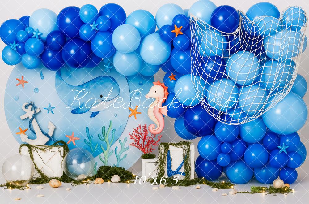 Kate Meer Ballons Fischernetz Blau Hintergrund Entworfen von Patty Roberts - Kate Backdrop.de