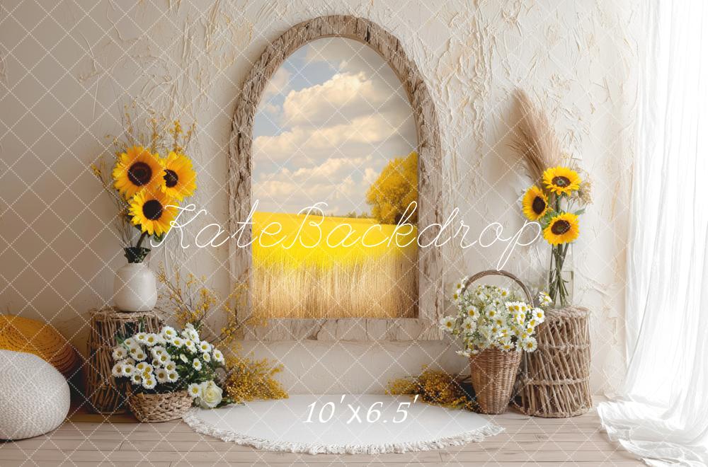 Kate Sommer Sonnenblumen Fenster Landhausstil Hintergrund Entworfen von Mini MakeBelieve - Kate Backdrop.de
