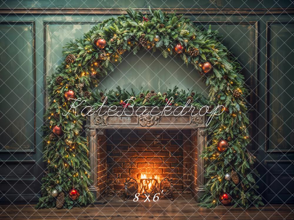 Kate Weihnachten Kamin Girlande Grün Hintergrund Entworfen von Emetselch - Kate Backdrop.de