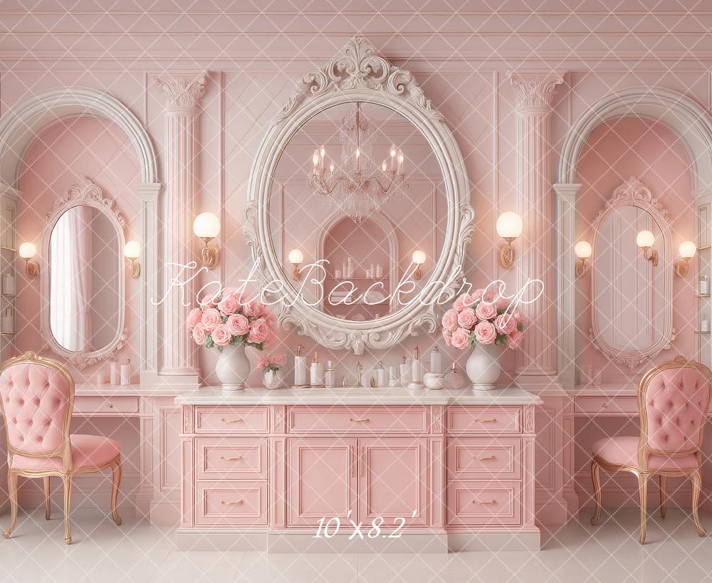 Kate Prinzessin Schminktisch Spiegel Rosa Hintergrund Entworfen von Ashley Paul - Kate Backdrop.de