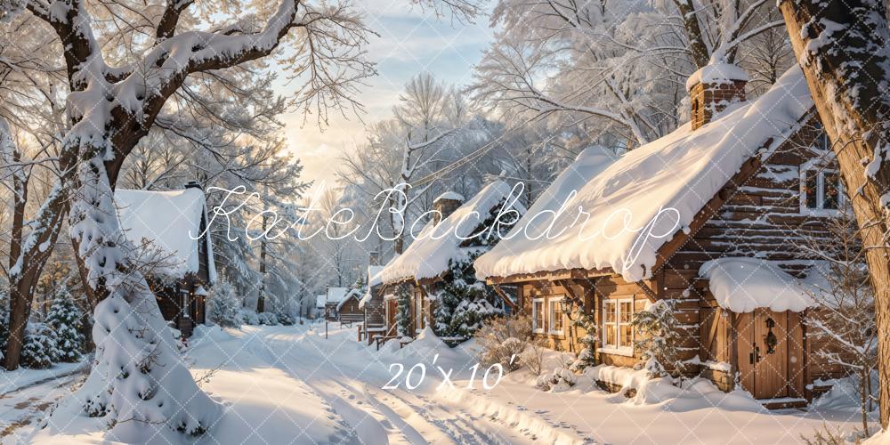 Kate Winter Dorf Holzhütten Schnee Hintergrund Entworfen von Emetselch - Kate Backdrop.de
