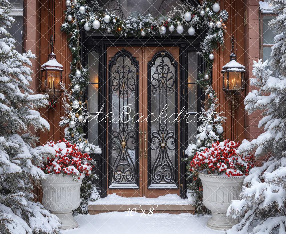 Kate Weihnachten Eisentür Schneebedeckte Tannen Fleece Hintergrund Entworfen von Emetselch - Kate Backdrop.de