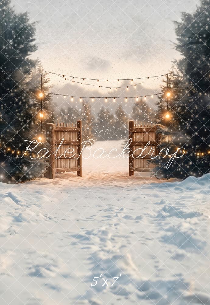 ⚡Blitzangebote-Kate Winter Lichterkette Holztor Schnee Hintergrund Entworfen von Emetselch - Kate Backdrop.de