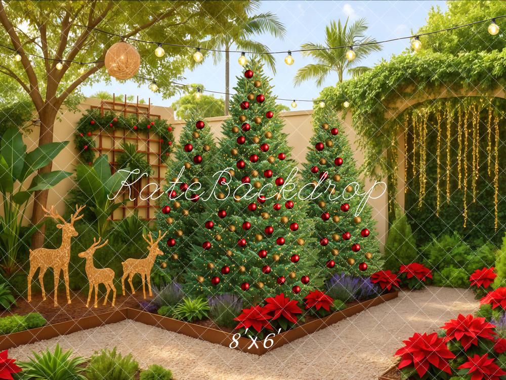 Kate Weihnachten Garten Tannenbäume Rot Hintergrund Entworfen von Mini MakeBelieve - Kate Backdrop.de