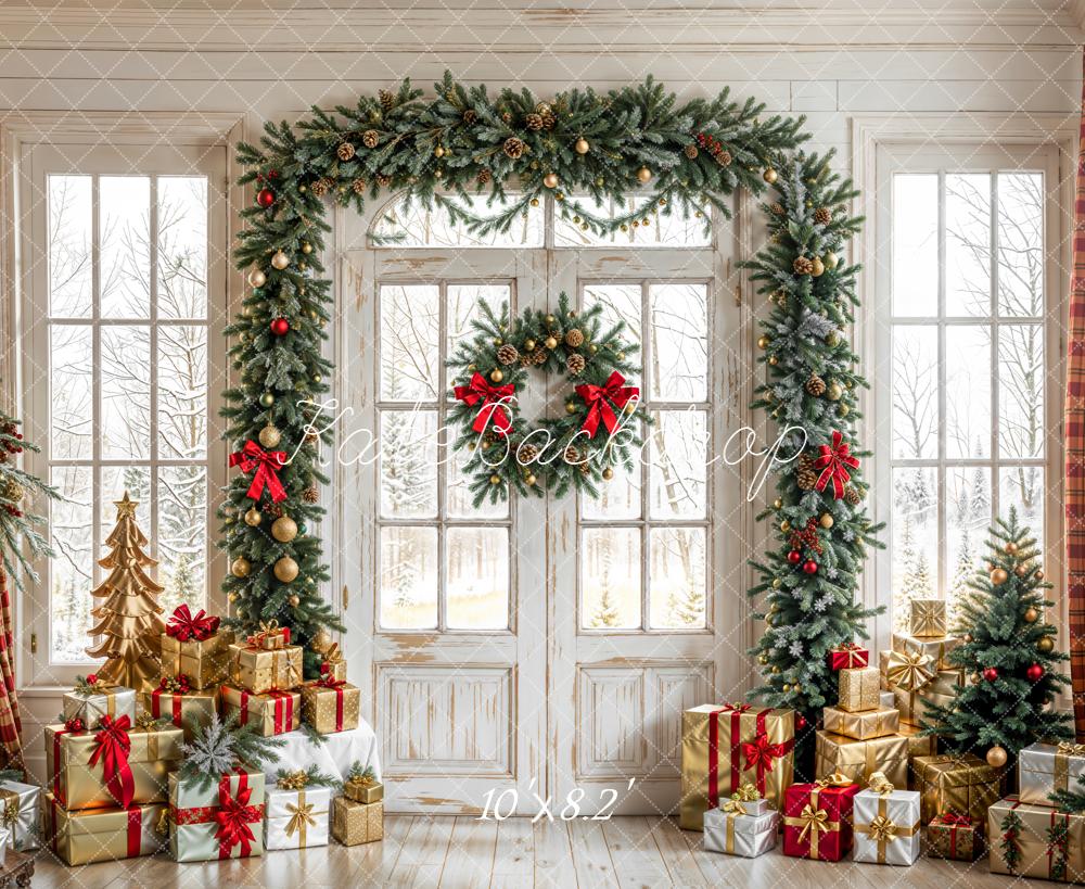 Kate Weihnachten Tür Kranz Geschenke Weiß Hintergrund Entworfen von Emetselch - Kate Backdrop.de