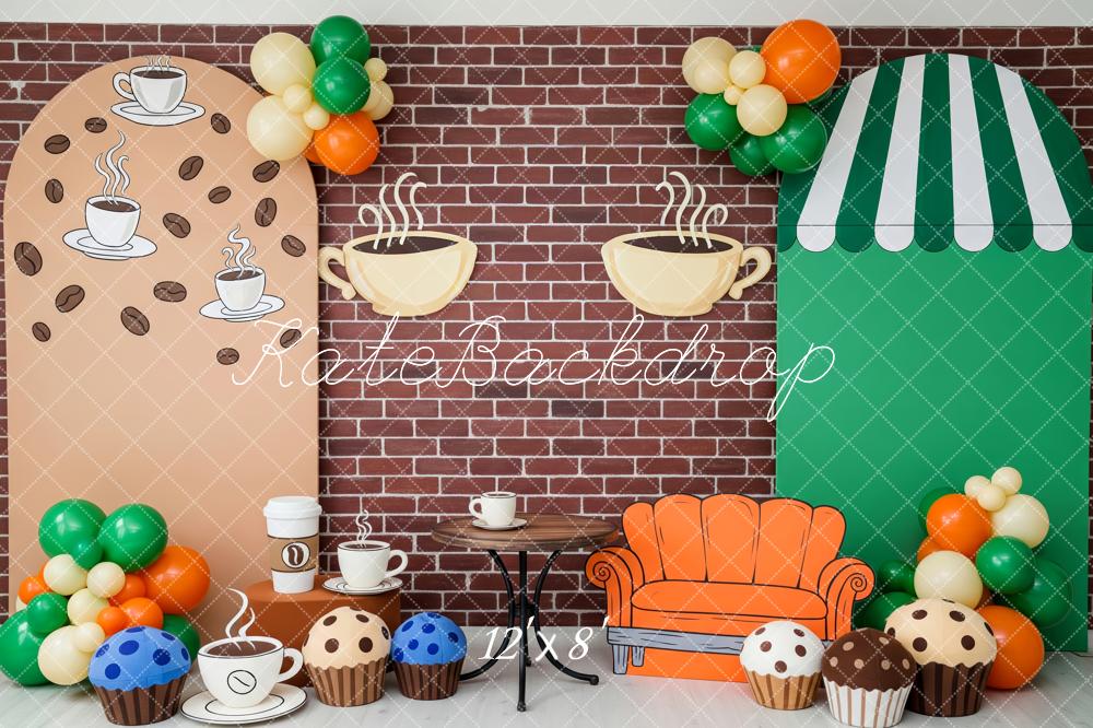 Kate Kaffeehaus Sofa Muffins Ziegelwand Hintergrund Entworfen von Patty Roberts - Kate Backdrop.de