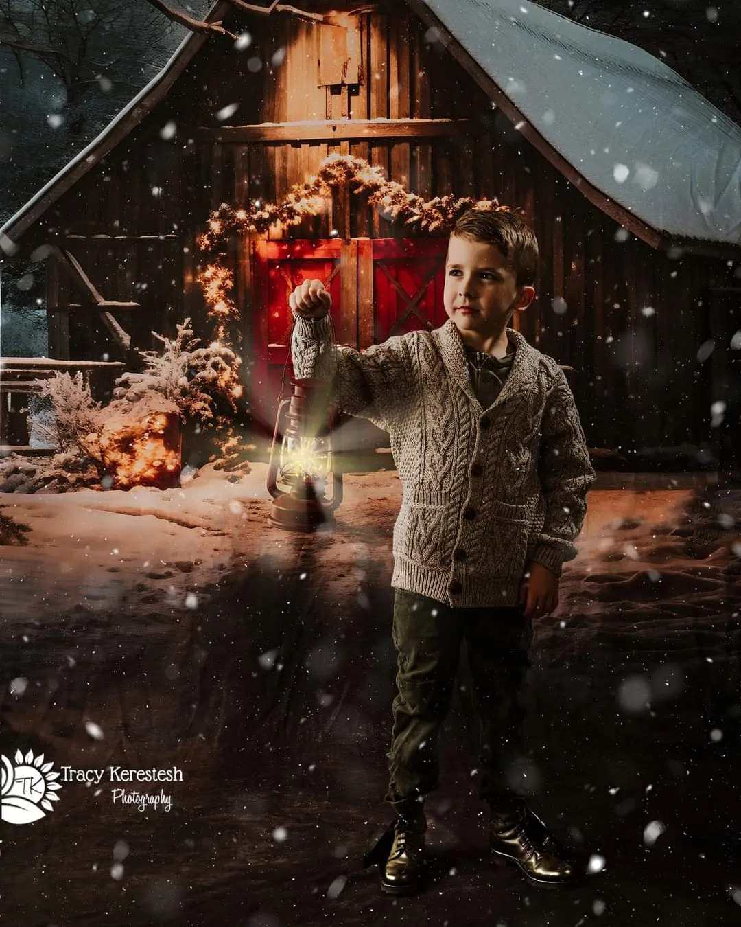 Kate Kombibackdrop Weihnachten Weg zur roten Scheune Nacht Hintergrund für die Fotografie - Kate Backdrop.de