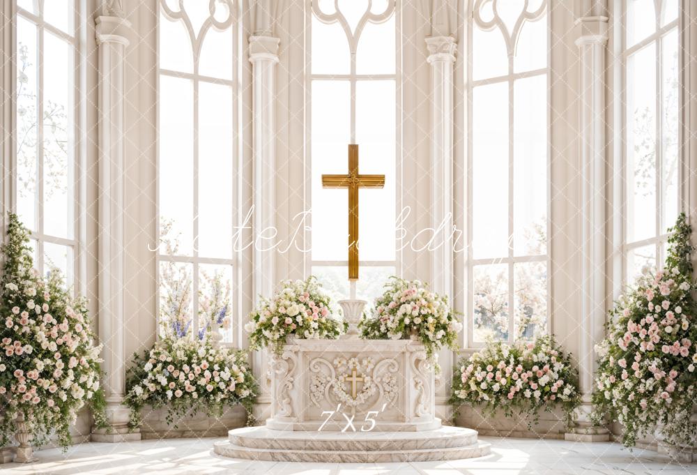 Kate Hochzeit Kirche Kreuz Blumen Elegant Hintergrund Entworfen von Emetselch - Kate Backdrop.de