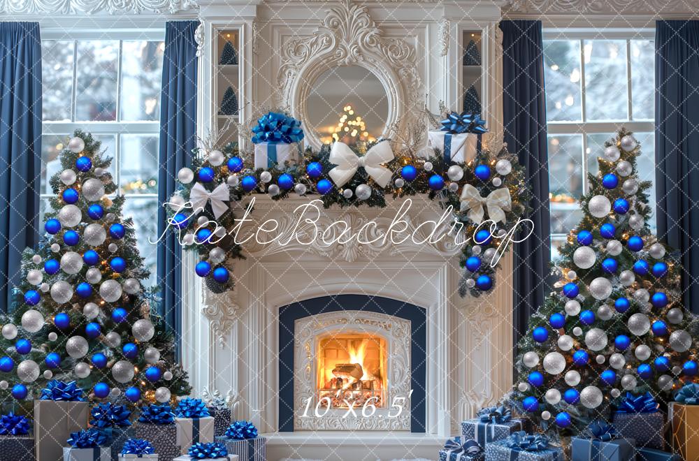 Kate Weihnachten Kamin Weihnachtsbaum Blau Hintergrund Entworfen von Mini MakeBelieve - Kate Backdrop.de