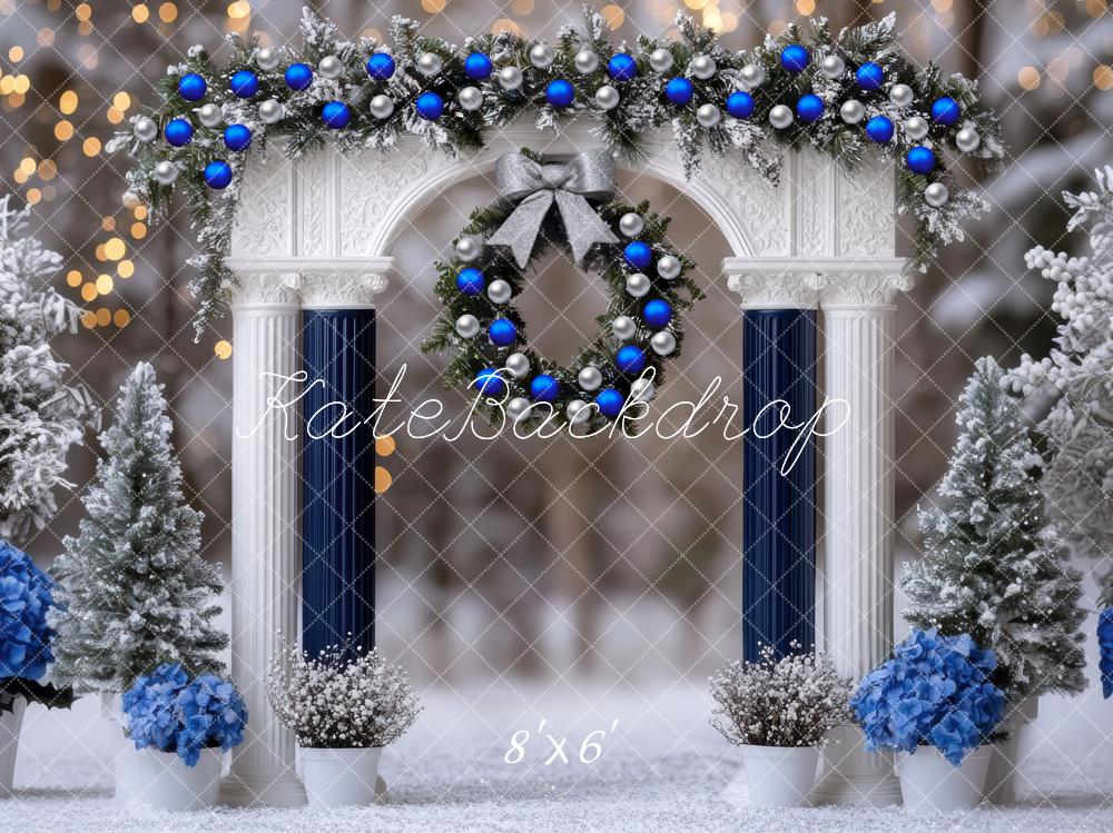 Kate Weihnachten Säulen Kranz Blau Weiß Hintergrund Entworfen von Mini MakeBelieve - Kate Backdrop.de