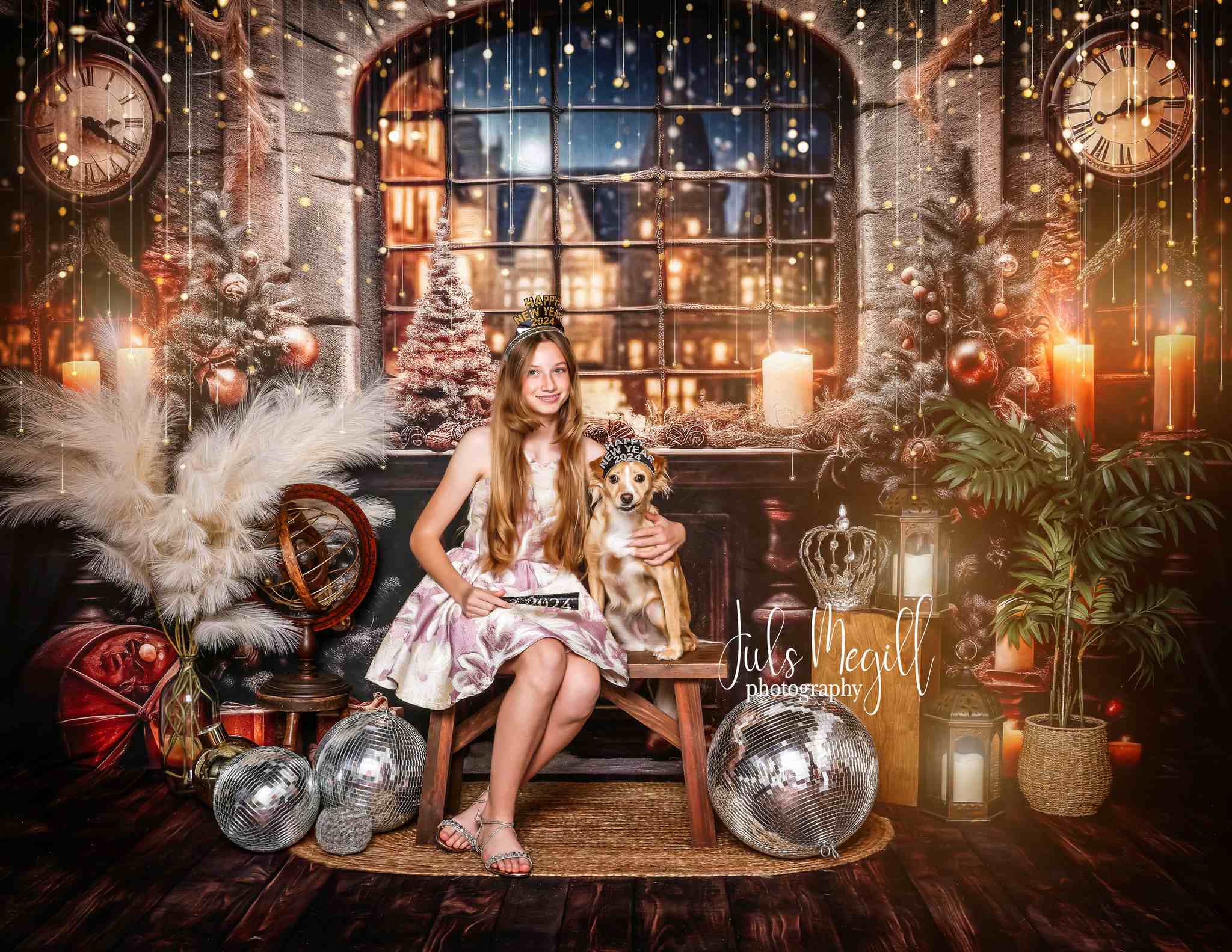 Kate Weihnachten Fenster Uhr Nachtabend Hintergrund für Fotografie - Kate Backdrop.de