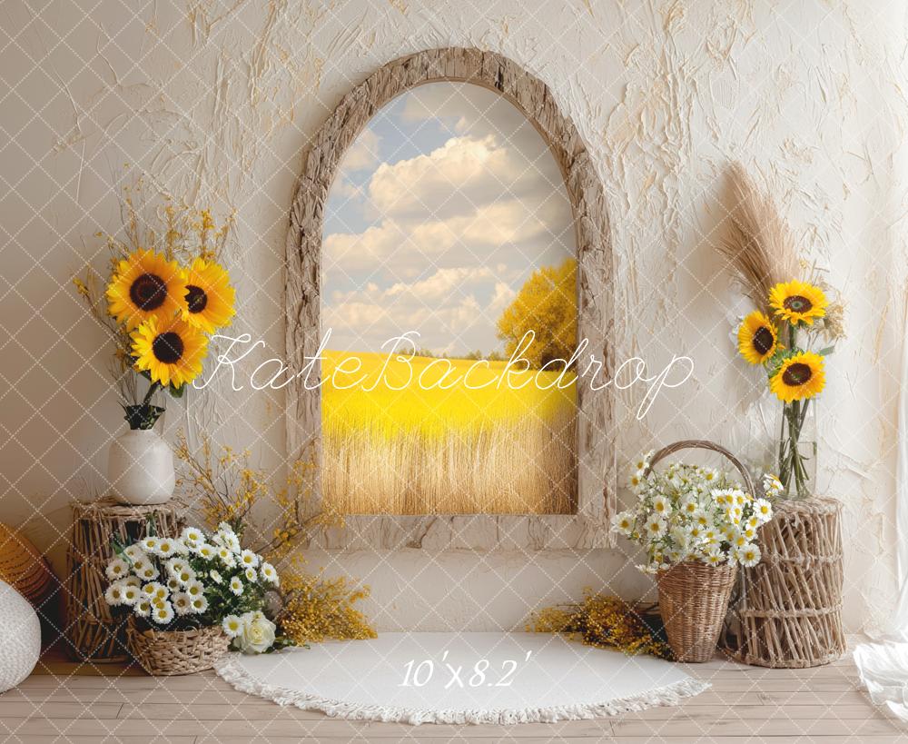 Kate Sommer Sonnenblumen Fenster Landhausstil Hintergrund Entworfen von Mini MakeBelieve - Kate Backdrop.de