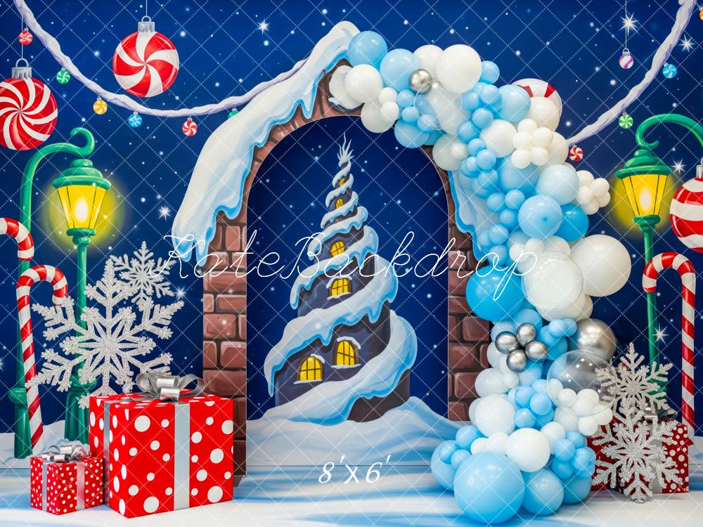 Kate Weihnachten Schokoladentor Zuckerstangen Blau Hintergrund Entworfen von Patty Roberts - Kate Backdrop.de