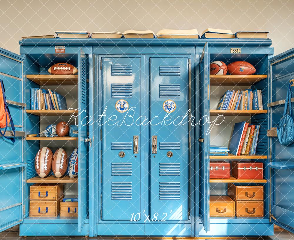 Kate Zurück Zur Schule Spind Bücher Sport Blau Hintergrund Entworfen von Emetselch - Kate Backdrop.de