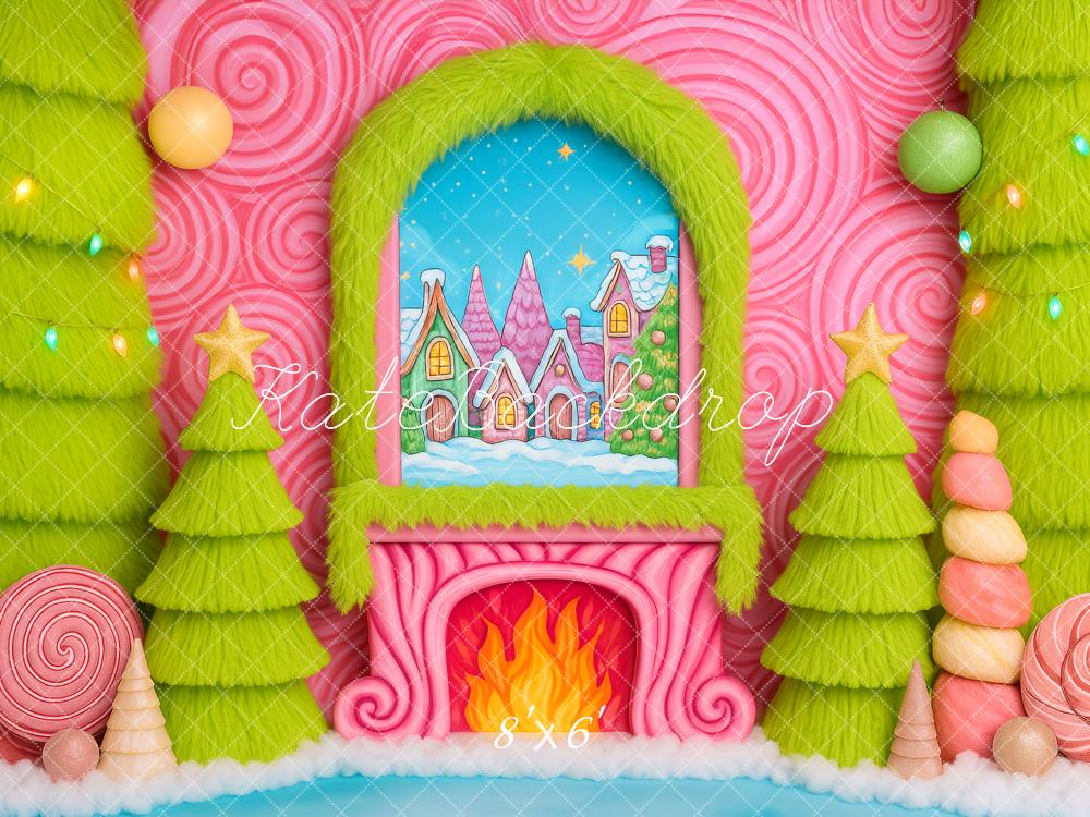 Kate Weihnachten Kamin Lebkuchenhaus Süßigkeiten Pink Hintergrund Entworfen von Patty Roberts - Kate Backdrop.de