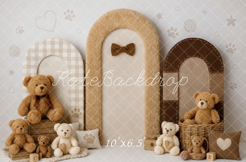 Kate Teddybär Plüschtiere Bögen Beige Hintergrund Entworfen von Patty Roberts - Kate Backdrop.de