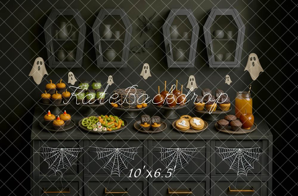 Kate Halloween Snacktisch Särge Geister Schwarz Hintergrund Entworfen von Mini MakeBelieve - Kate Backdrop.de