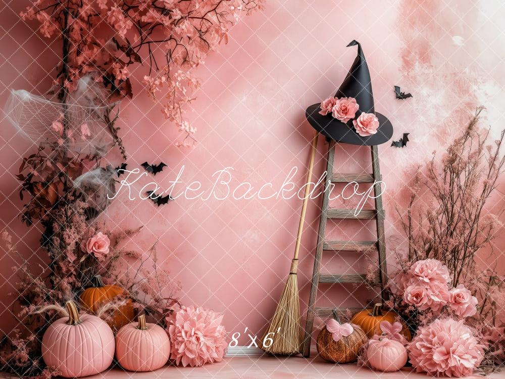 Kate Halloween Kürbis Hexenhut Blumen Rosa Hintergrund Entworfen von Patty Roberts - Kate Backdrop.de