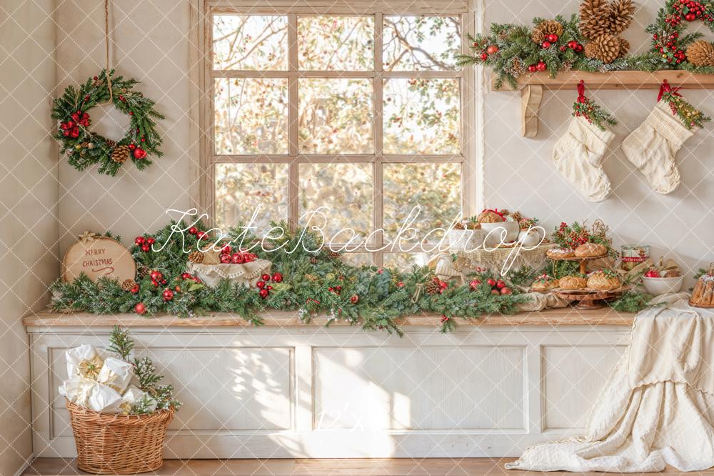 Kate Weihnachten Fenster Girlande Cremetöne Fleece Hintergrund Entworfen von Emetselch - Kate Backdrop.de