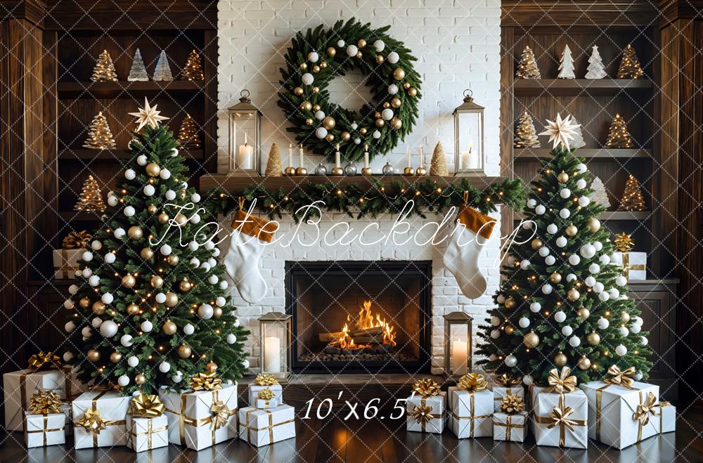 Kate Weihnachten Kamin Tannenbaum Weiß Gold Hintergrund Entworfen von Mini MakeBelieve - Kate Backdrop.de