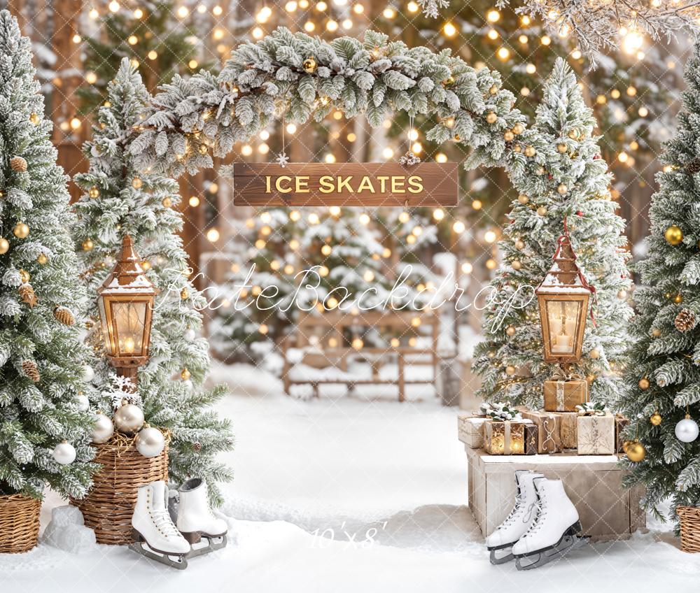 Kate Weihnachten Schnee Tannen Schlittschuhe Fleece Hintergrund Entworfen von Emetselch - Kate Backdrop.de
