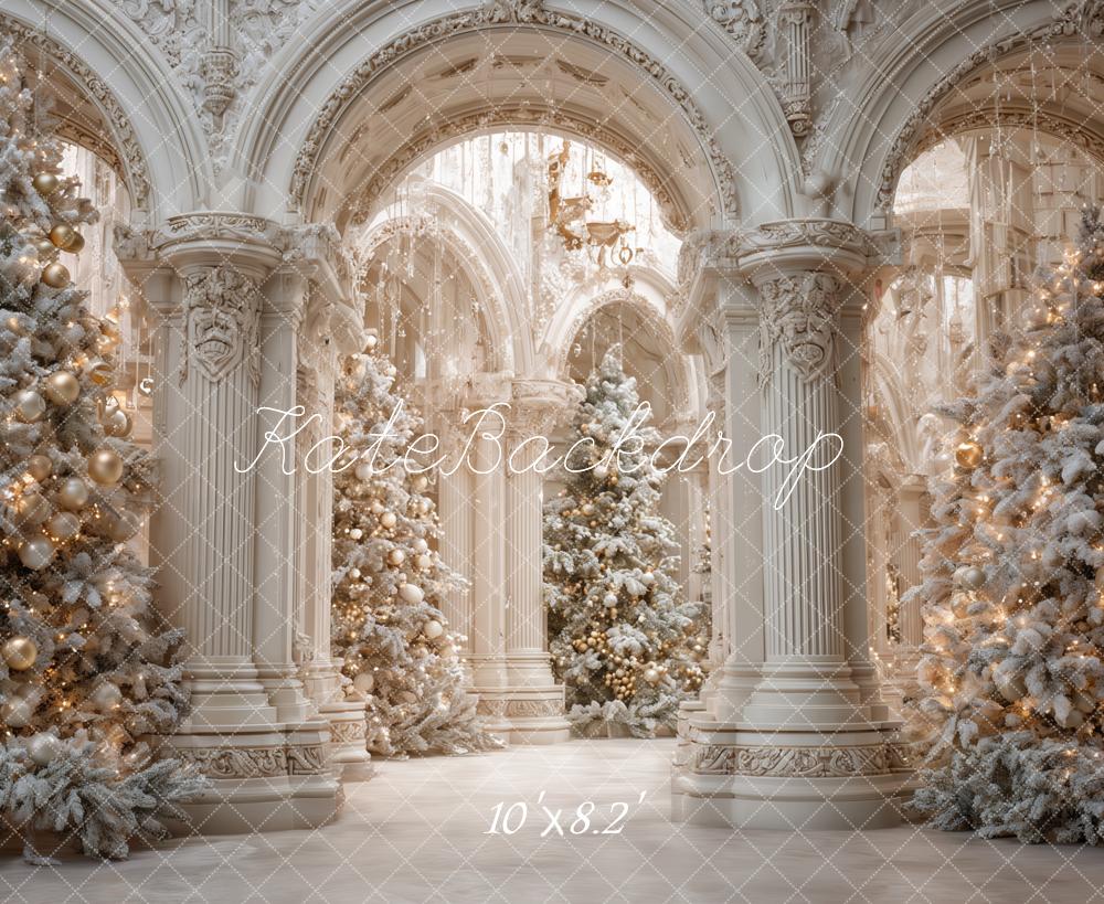 Kate Weihnachten Palast Weihnachtsbäume Weiß Hintergrund Entworfen von Ashley Paul - Kate Backdrop.de