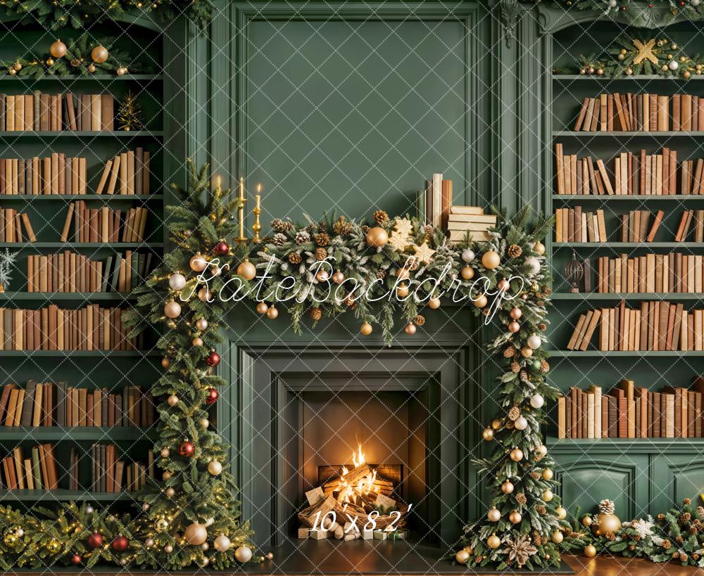 Kate Weihnachten Kamin Bücherregal Grün Hintergrund Entworfen von Emetselch - Kate Backdrop.de