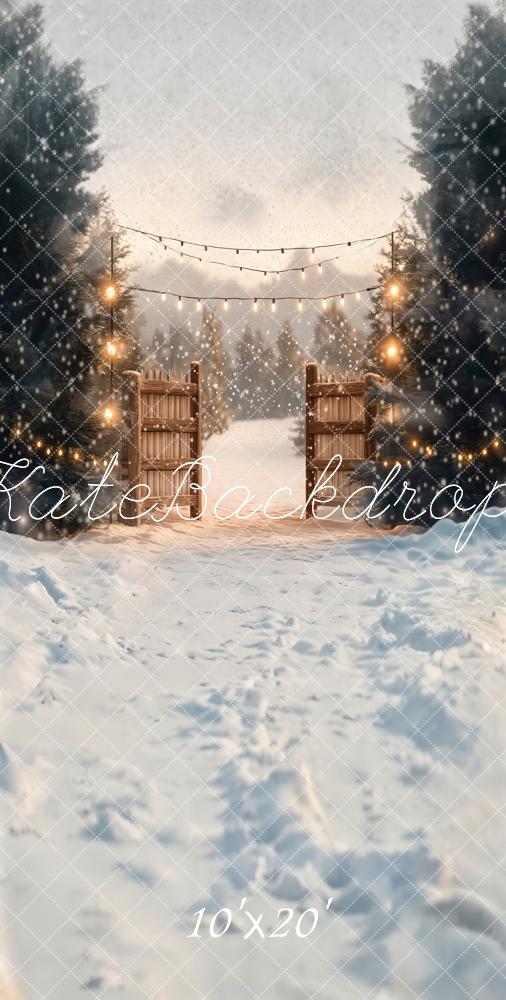 ⚡Blitzangebote-Kate Winter Lichterkette Holztor Schnee Hintergrund Entworfen von Emetselch - Kate Backdrop.de