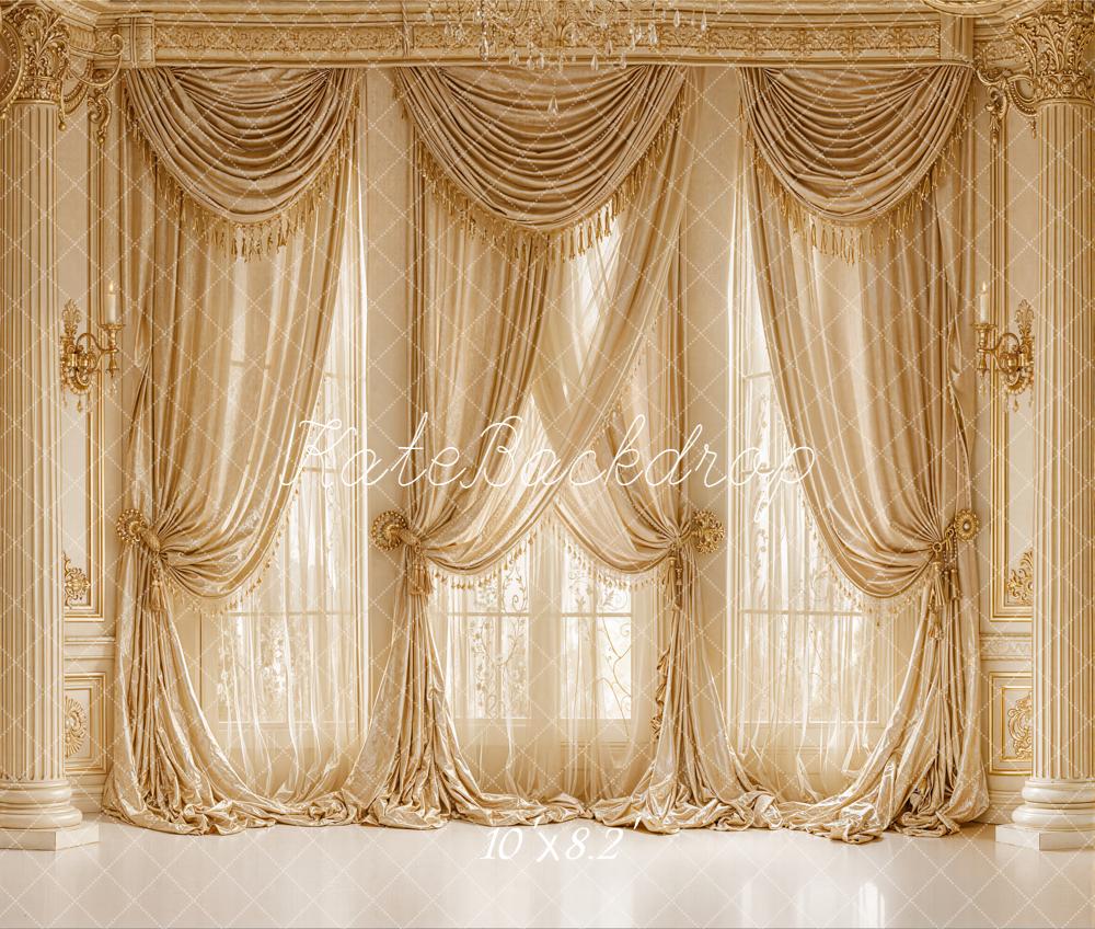 Kate Vintage Palast Fenster Vorhang Gold Fleece Hintergrund Entworfen von Emetselch