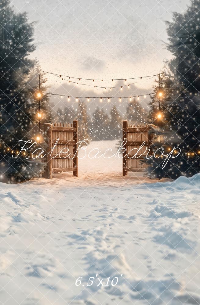 ⚡Blitzangebote-Kate Winter Lichterkette Holztor Schnee Hintergrund Entworfen von Emetselch - Kate Backdrop.de