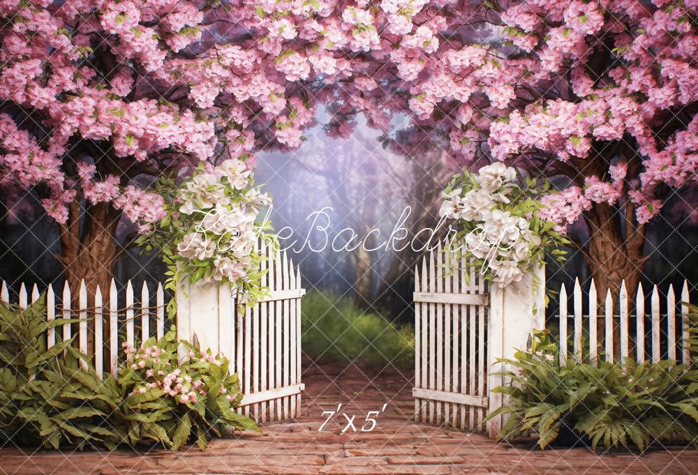 Kate Frühling Blüten Weißer Zaun Romantisch Hintergrund Entworfen von Emetselch - Kate Backdrop.de