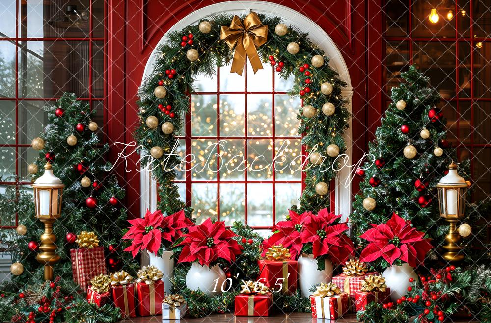 Kate Weihnachten Fenster Kranz Poinsettien Hintergrund Entworfen von Mini MakeBelieve - Kate Backdrop.de