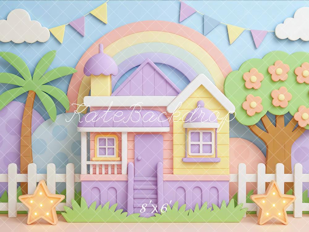 Kate Regenbogen Haus Palmen Pastell Hintergrund Entworfen von Mini MakeBelieve - Kate Backdrop.de