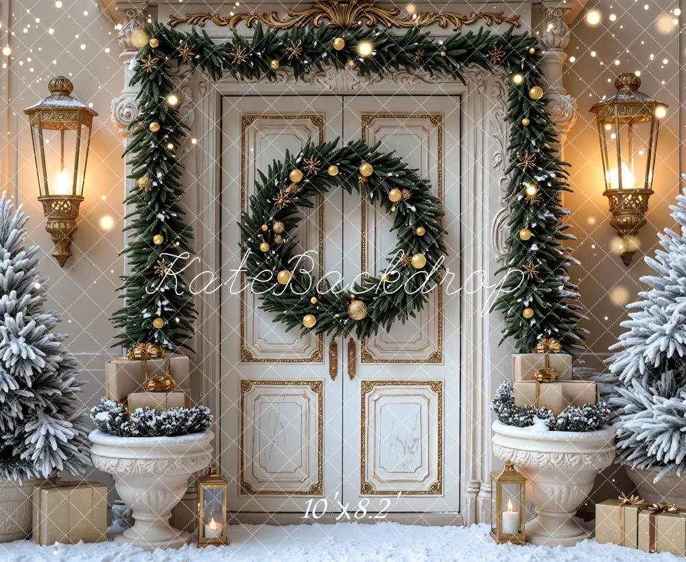 Kate Weihnachten Tür Kranz Gold Hintergrund Entworfen von Mini MakeBelieve - Kate Backdrop.de