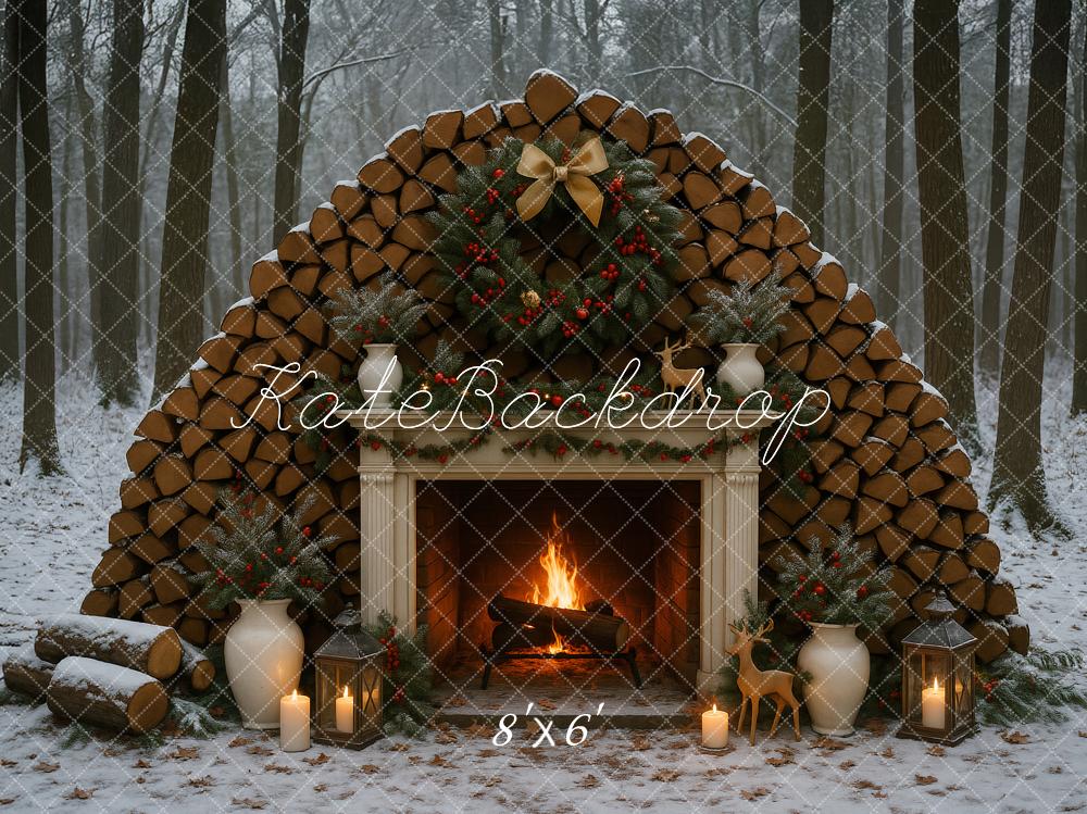 Kate Weihnachten Kamin Holzstapel Wald Hintergrund Entworfen von Ashley Paul - Kate Backdrop.de