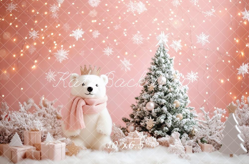 Kate Weihnachten Eisbär Schneebaum Rosa Hintergrund Entworfen von Patty Roberts - Kate Backdrop.de