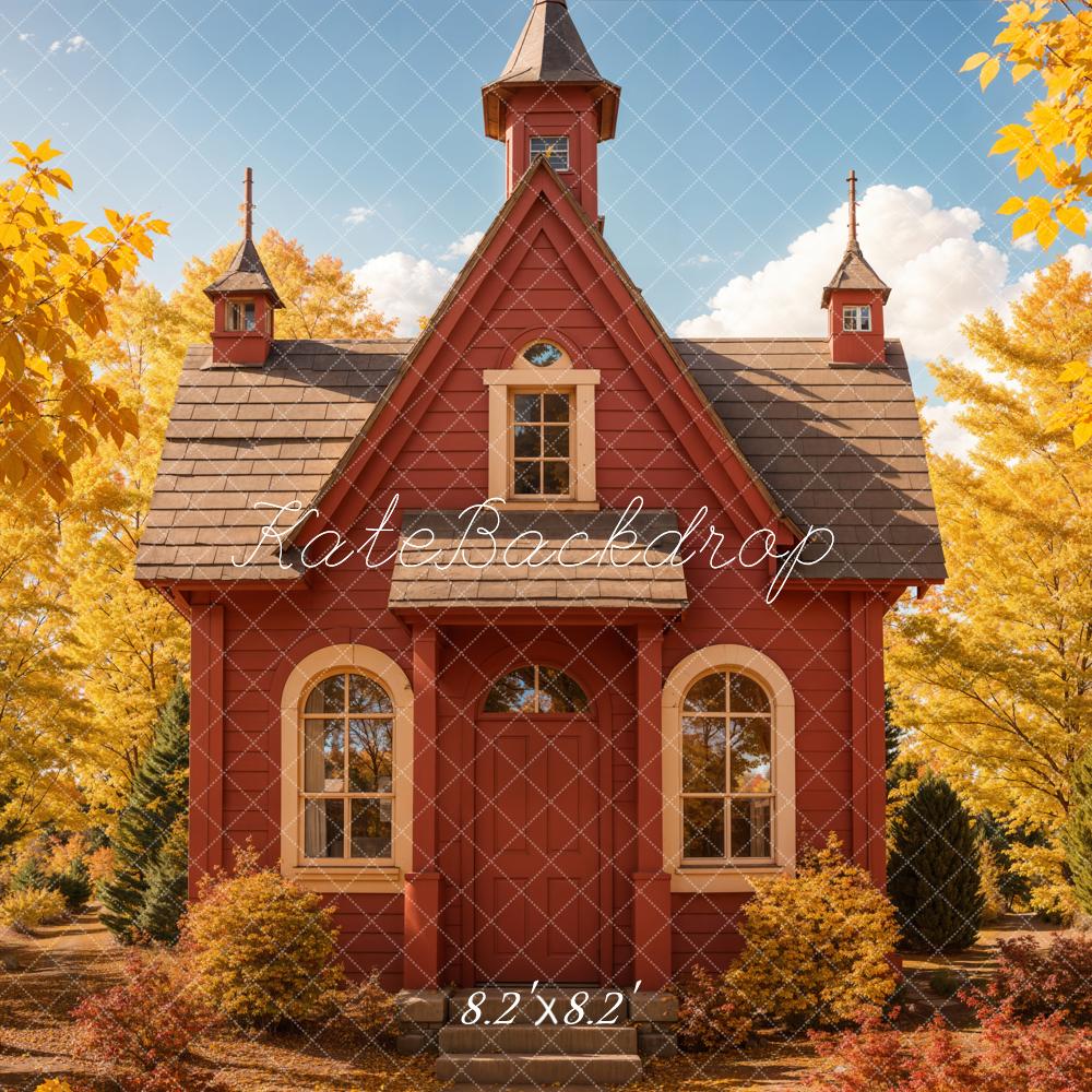 Kate Herbst Rotes Haus Goldene Blätter Hintergrund Entworfen von Emetselch - Kate Backdrop.de