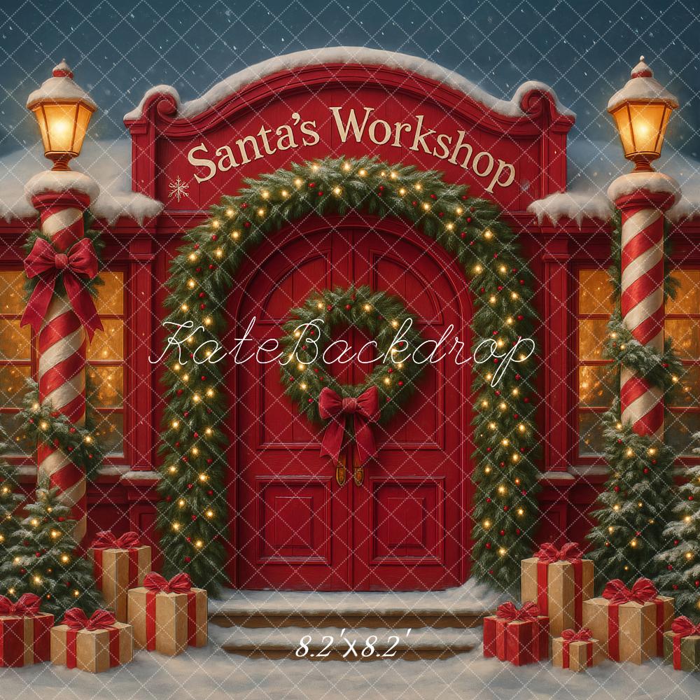 Kate Weihnachten Werkstatt Geschenke Schnee Hintergrund Entworfen von Ashley Paul - Kate Backdrop.de