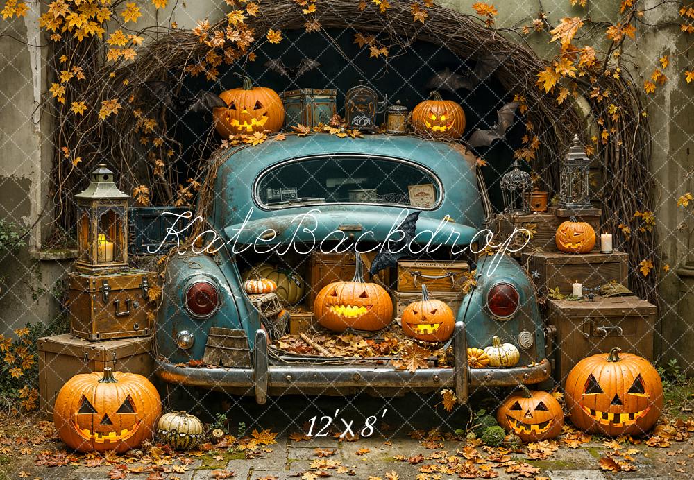 Kate Halloween Kürbisse Altes Auto Herbstlaub Fleece Hintergrund Entworfen von Emetselch - Kate Backdrop.de