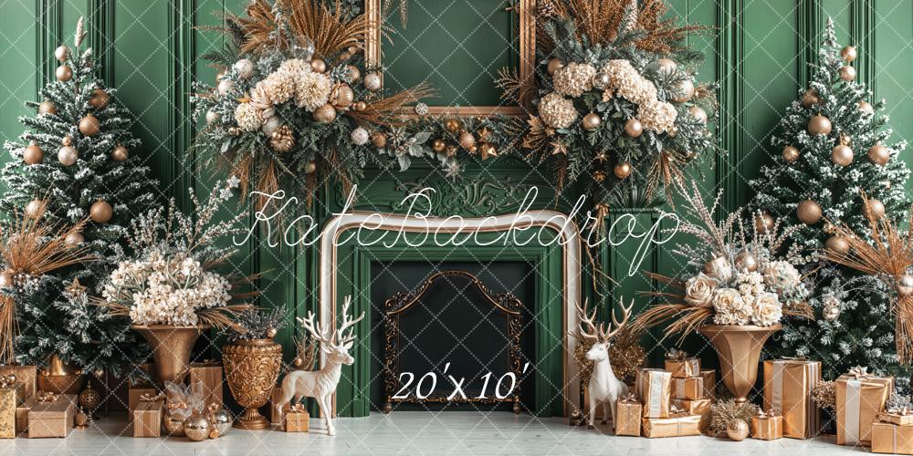 Kate Weihnachten Kamin Tannenbaum Grün Gold Hintergrund Entworfen von Emetselch - Kate Backdrop.de