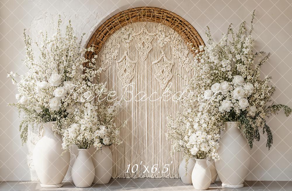 Kate Boho Bogen Makramee Blumen Weiß Hintergrund Entworfen von Emetselch - Kate Backdrop.de