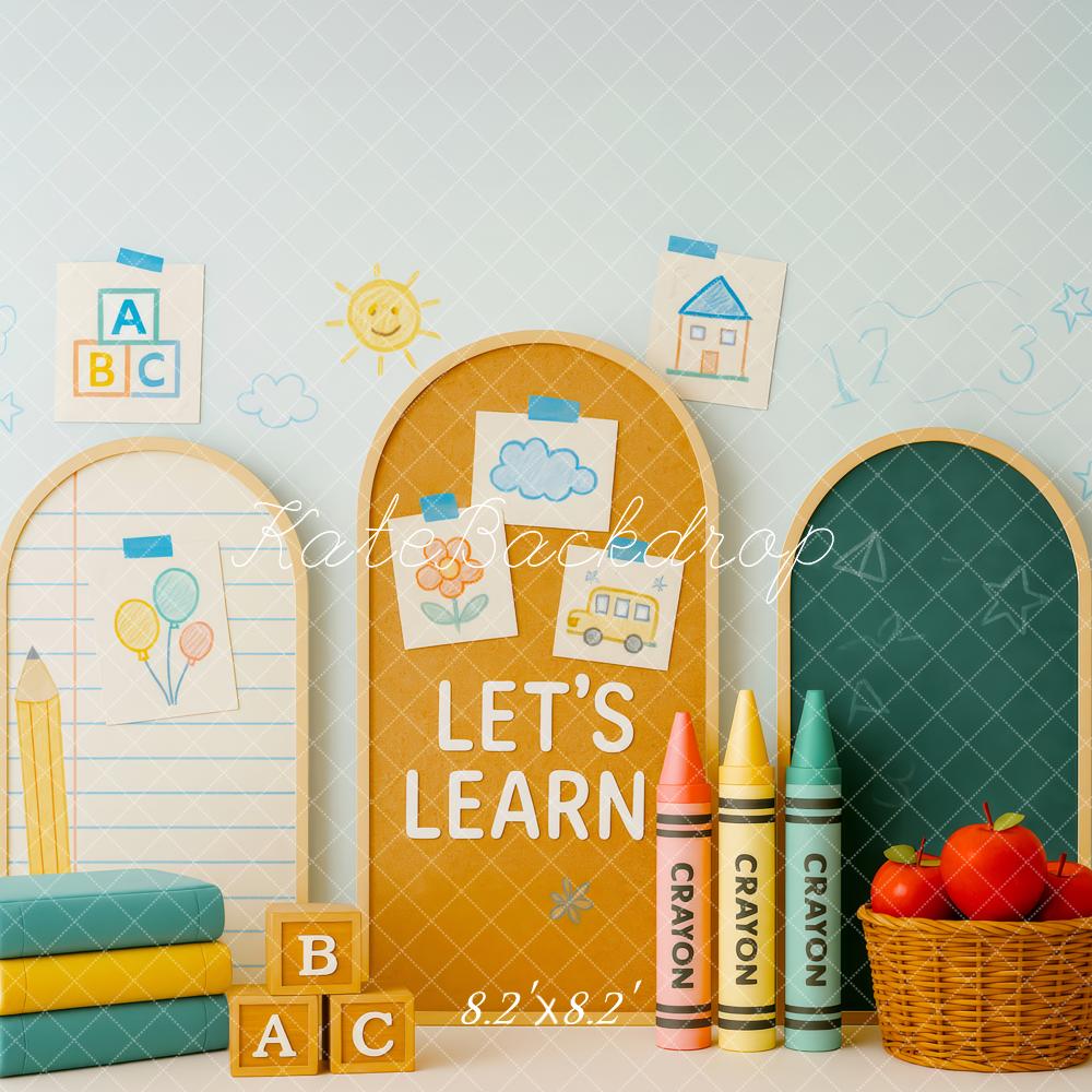 Kate Zurück zur Schule Bücher Stifte Pastell Hintergrund Entworfen von Patty Roberts - Kate Backdrop.de