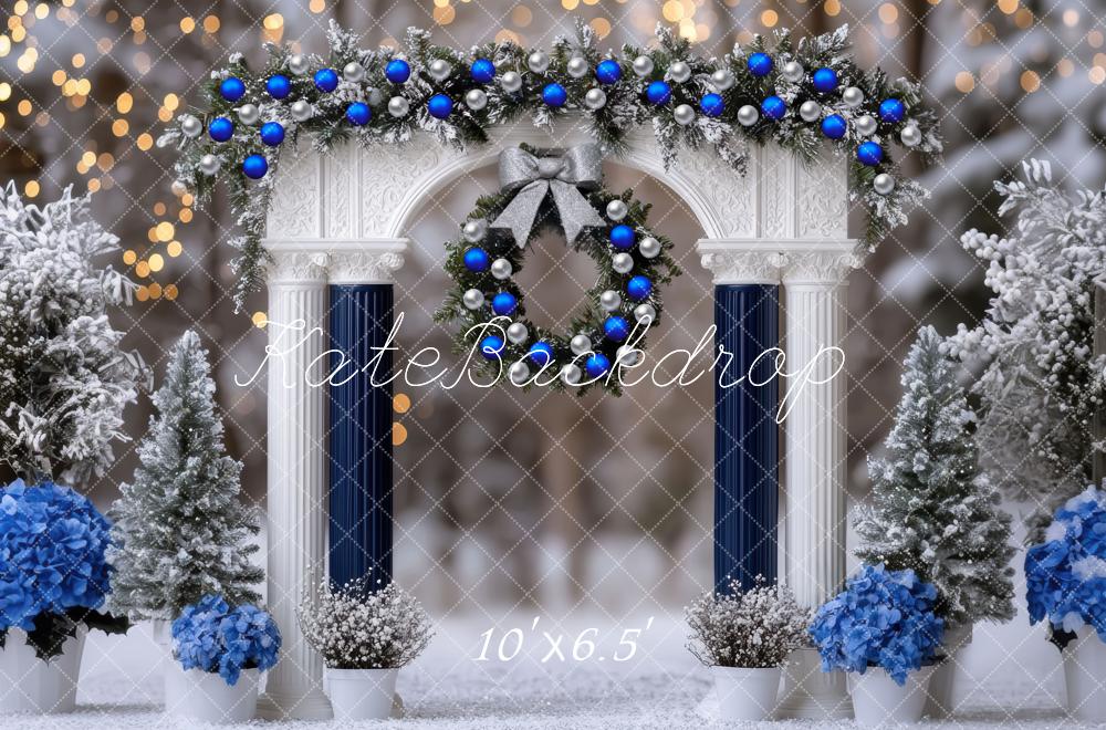 Kate Weihnachten Säulen Kranz Blau Weiß Hintergrund Entworfen von Mini MakeBelieve - Kate Backdrop.de